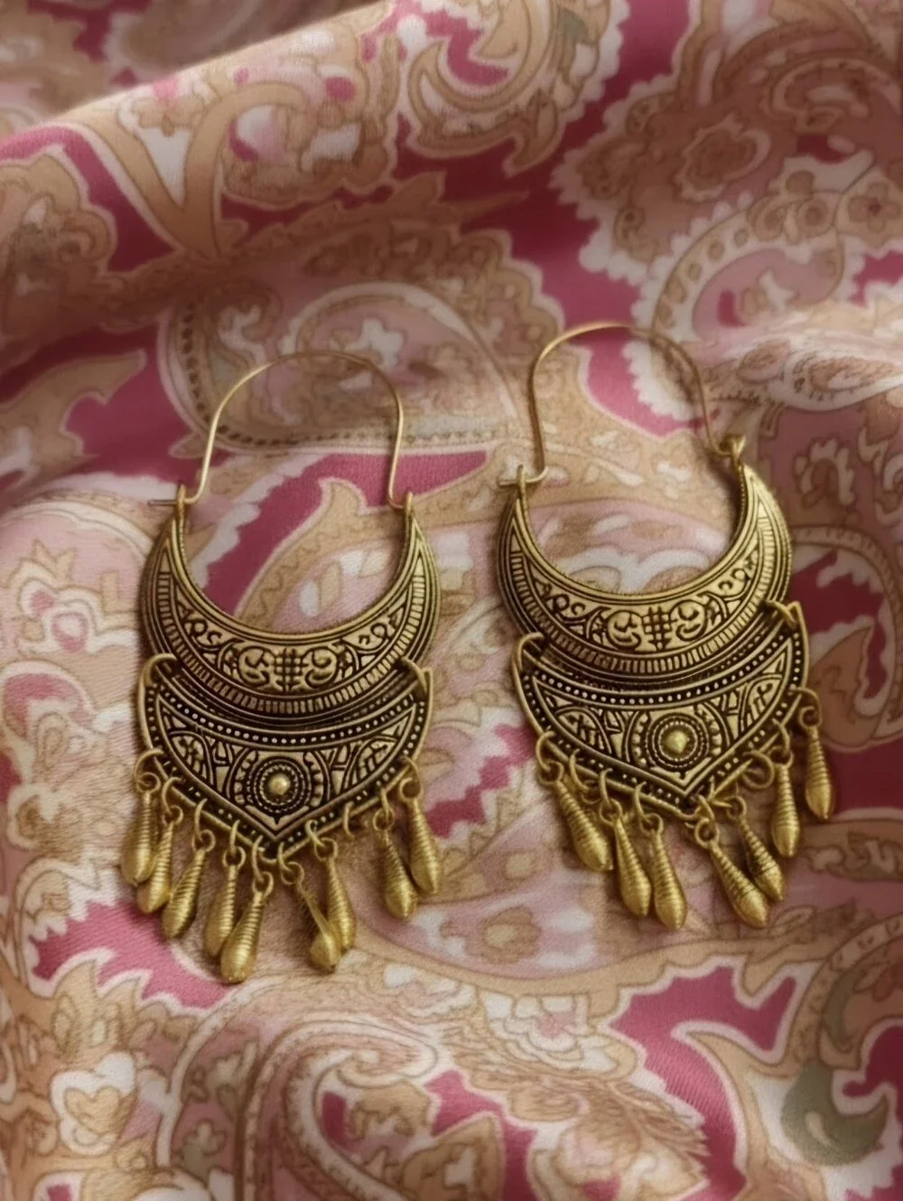 Vintage Boho Tribal Inspired Crescent Statement Dangle Earrings